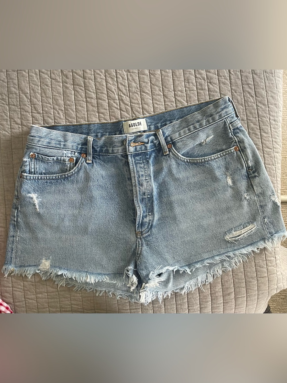 Agolde Light Blue Distressed Denim Shorts